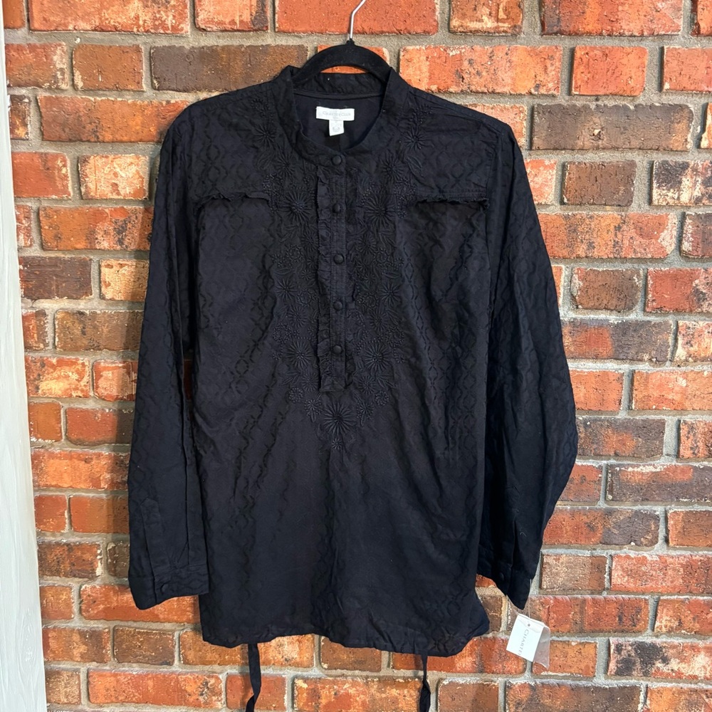 NWT Charter Club womens embroidered textured ruffle popover tunic top black 12